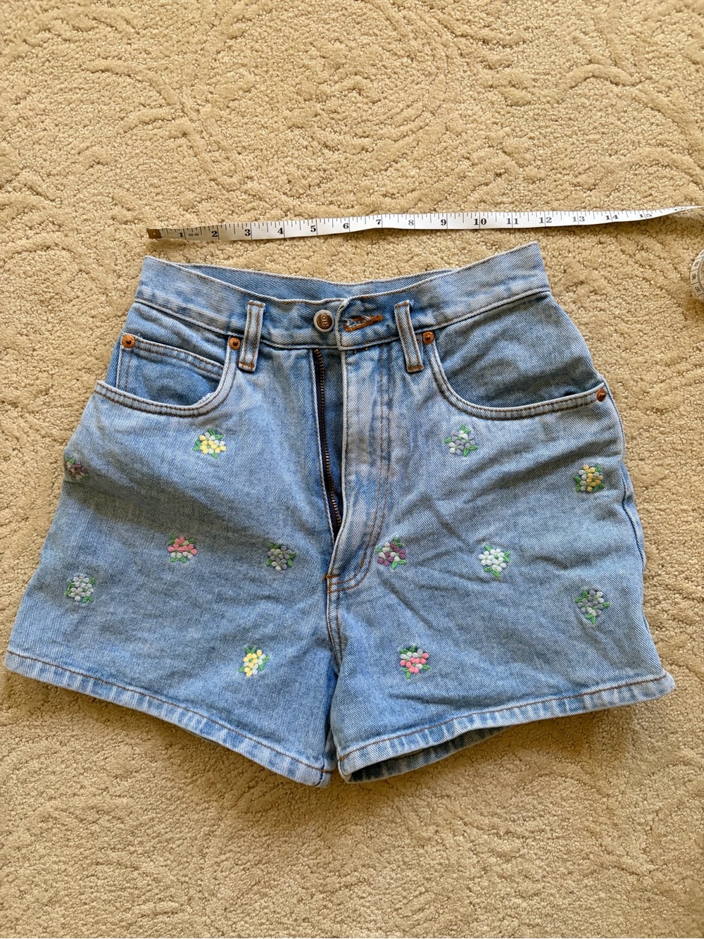 High-Rise Light Blue Embroidered Floral Denim Shorts